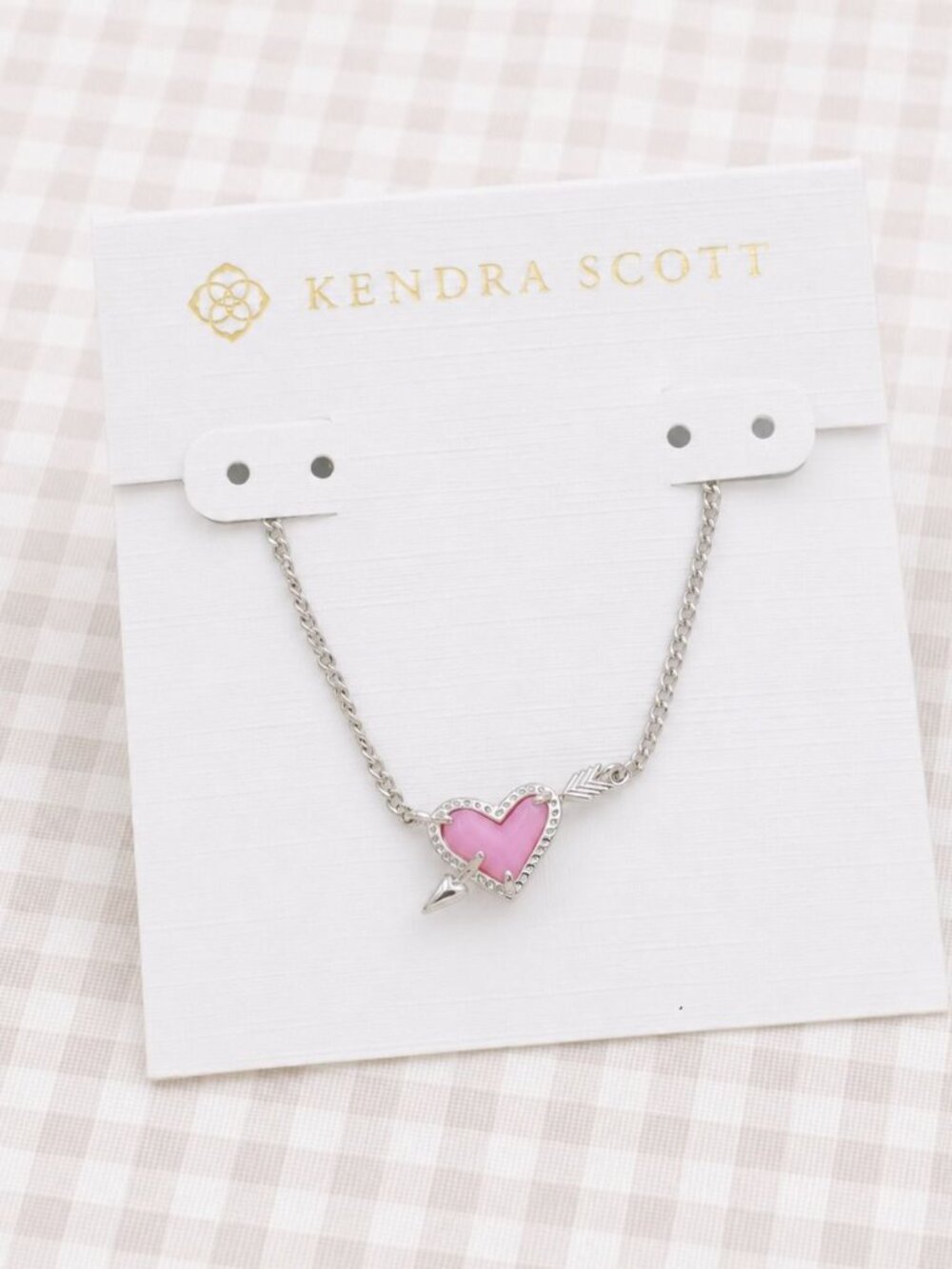 Kendra Scott Ari Heart Arrow Silver Short Necklace - Pink Opalescent Resin